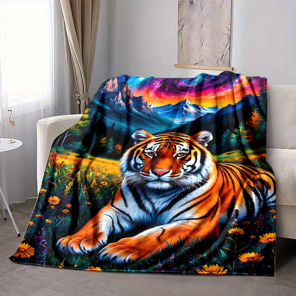 1pc Tiger Fantasy Landscape Blanket Lightweight Flannel Blanket Throw Blanket For Sofa, Bed, Travel, Camping, Livingroom, Office, Couch, Chair, And Be