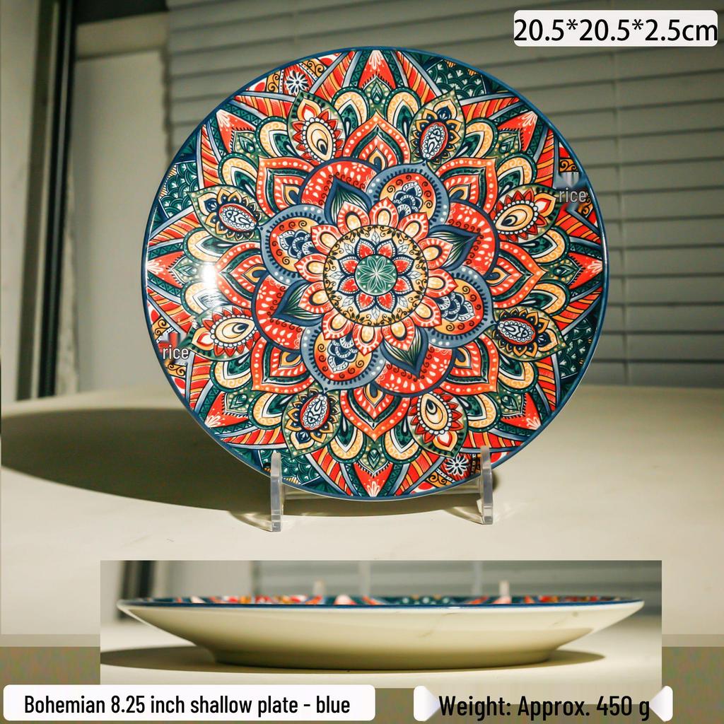 Blue Bohemian Porcelain Microwave-Safe Rice Bowl and Plate Set