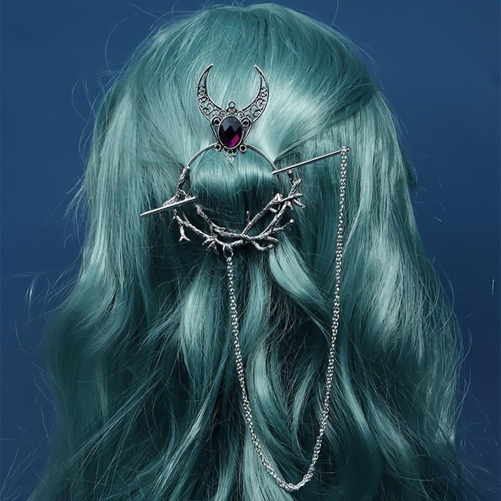 Beautiful Crescent Branch Gothic Hair Stick Antiqued Retro Pentagram Hairpin for Women