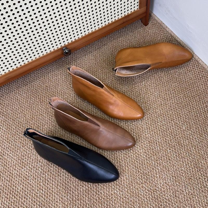 Johnature Retro Pointed Toe Cowhide Short Boots Versatile Genuine Leather Soft Soled Women's Shoes