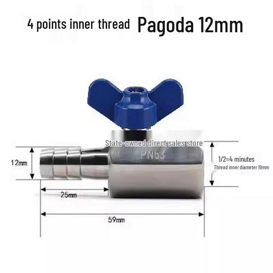 304 Stainless Steel Mini Ball Valve with Butterfly Handle, Internal/External Threads, High Pressure, 4-Way Pagoda Tube Connector.