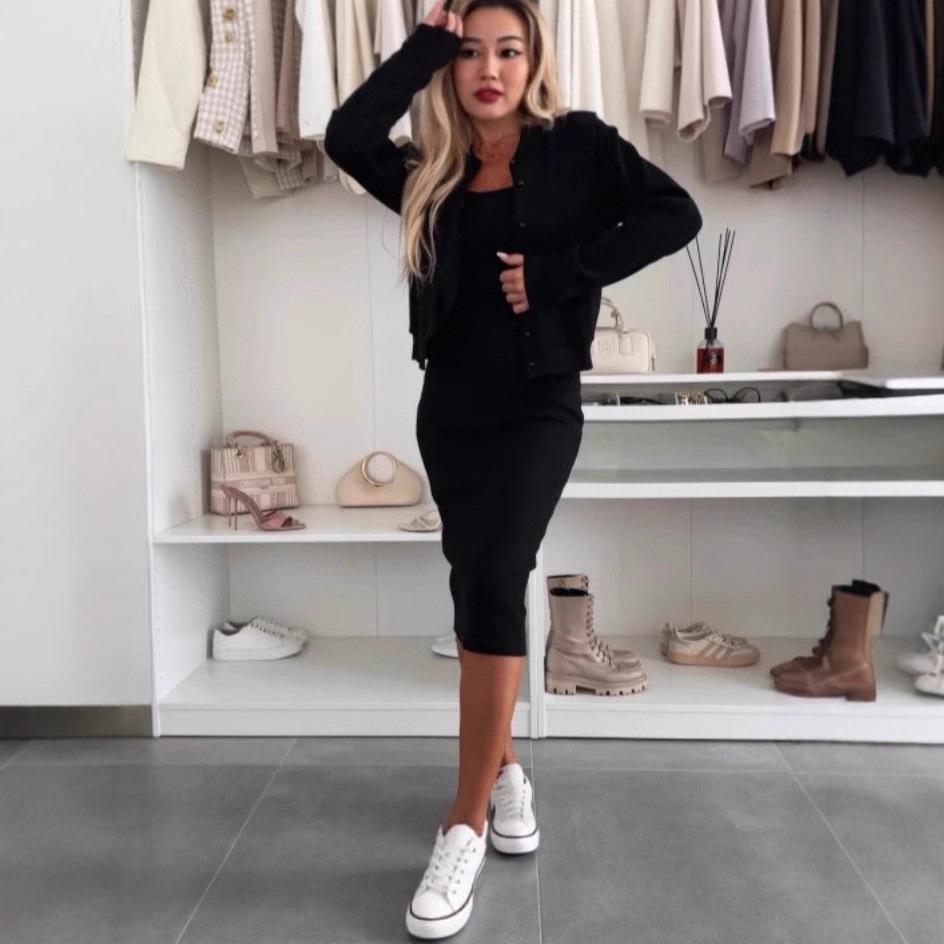 Women's Knit Dress with Matching Short Cardigan, Elegant Outfit