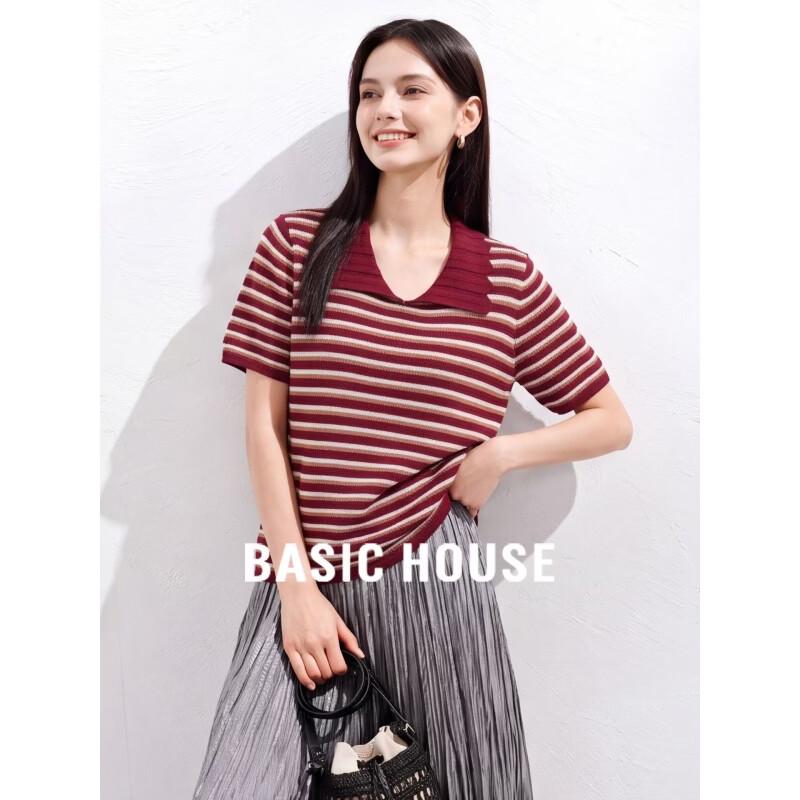 Basic House Women s Striped Knit Short Sleeve T-Shirt XL
