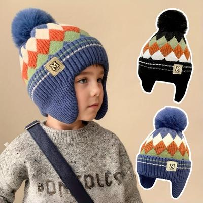 Wintermütze für Jugendliche Leichte Warme Beanie mit Buntem Karomuster Fleecegefütterter Ohrenschutz Warme Mütze