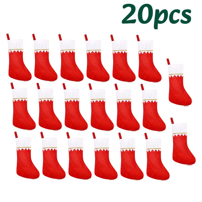 10/20PC Red Felt Christmas Stockings Hanging Bag With Golden Trim  Non-Woven Fabric Xmas StockingsFireplace Party Hanging Decor