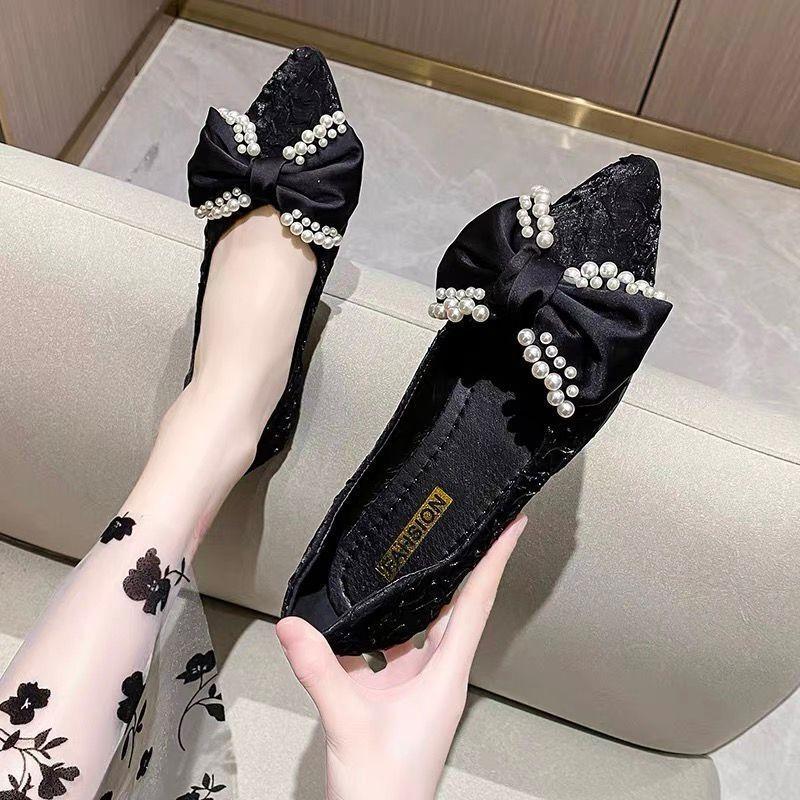 Fashion Ladies Footwear Pointed Toe with Bow Women's Flat Shoes Black Pearl Chic and Elegant Shoe Fashionable Luxury Brand Spring 39 Y2k