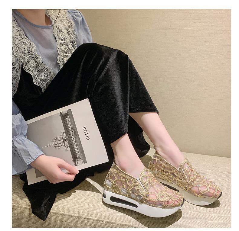 Spring Korean version of the new lace mesh 2025 casual foot cover high heel inner height increase muffin sole women's single shoes