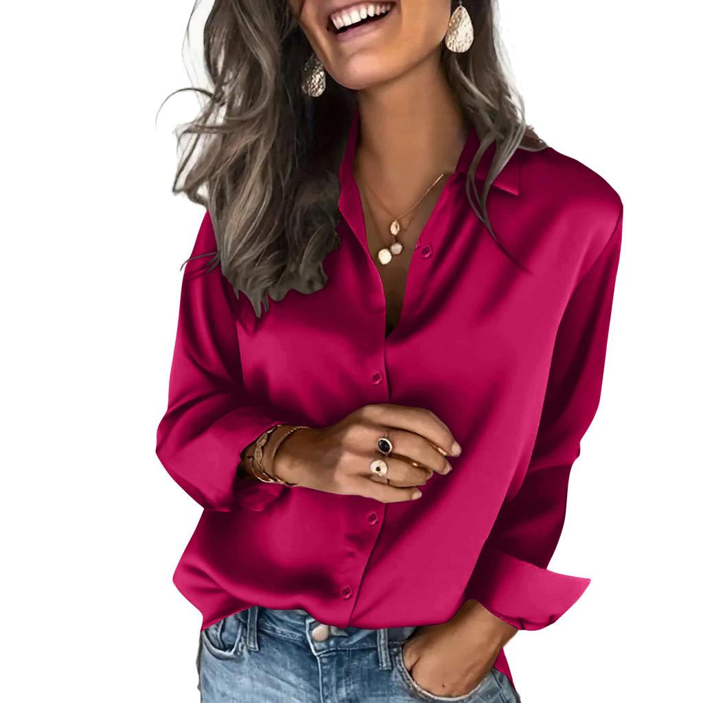 Women's Fashion Casual Solid Color Split Button Long Sleeve Shirt Top