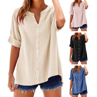 Women Shirt V-Neck Short Sleeve Buttons Placket Shirt Tops Solid Color Loose Fit Breathable Shirt Daily Wear