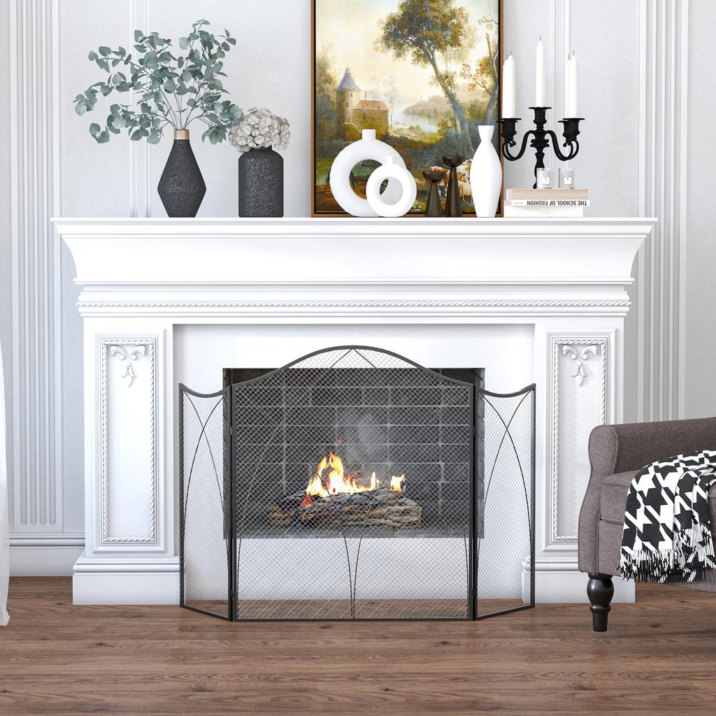 Spark Guard for Fireplaces, Triple Foldable, Metal Structure, Coating, 108x2x76 cm, Black