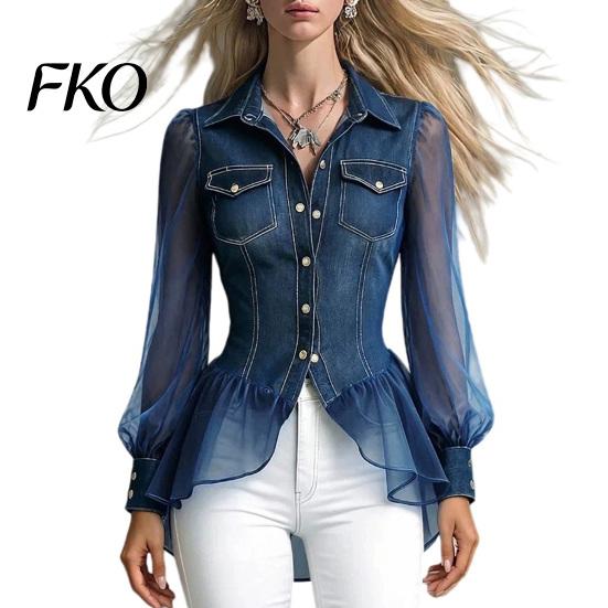 Women Mesh Detail Top Imitation Denim Tops for Women, Lapel Long Sleeve Shirt, Faux Blouse Patchwork Hem Blouse, Slim Fit Casual Work Party Date