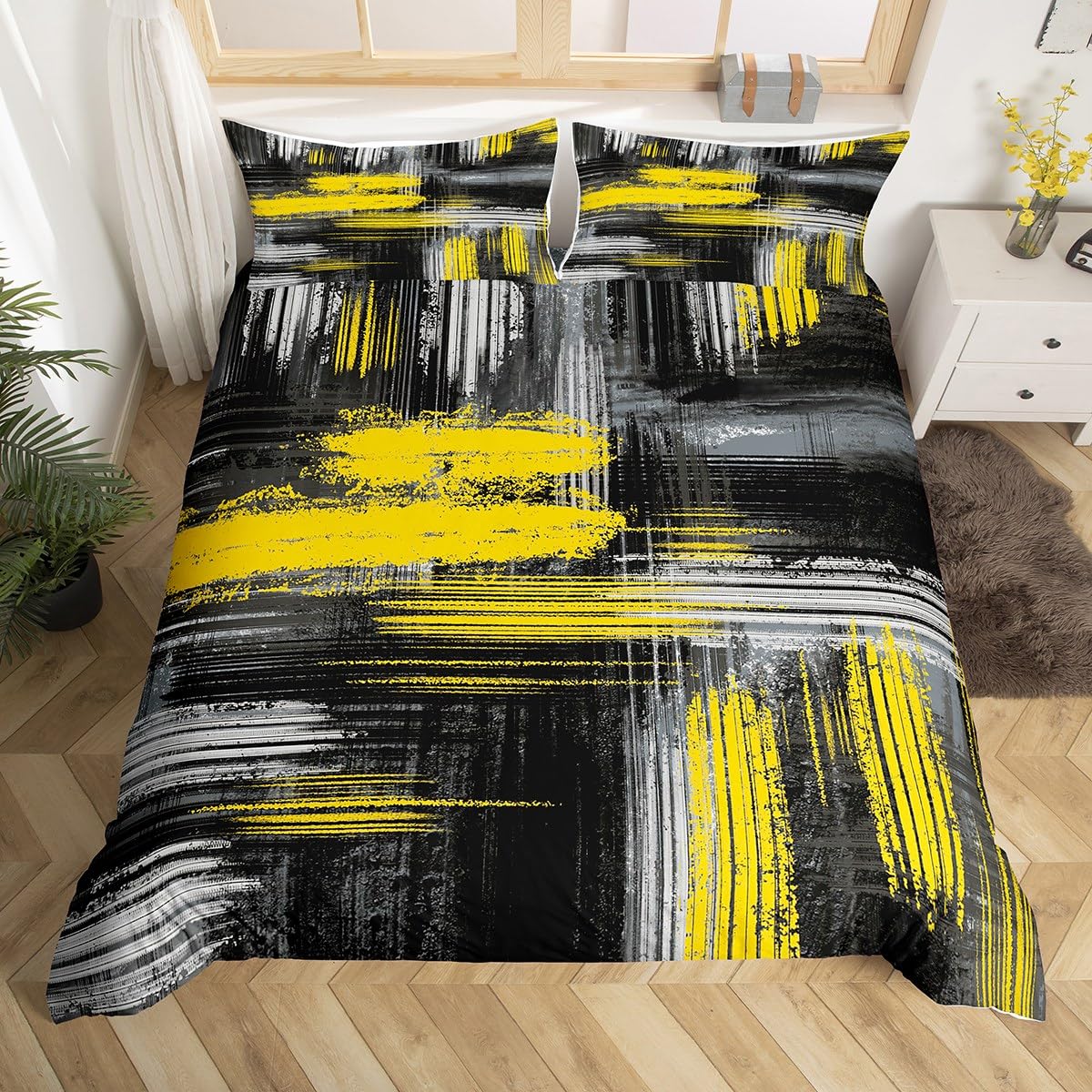 

Yellow And Grey Themed Duvet Cover Sets Queen Lightweight Down Quilt Covers Bedroom Decor Abstract Art Bedspread Covers No Quilt EU Single(135*200cm)3pcs