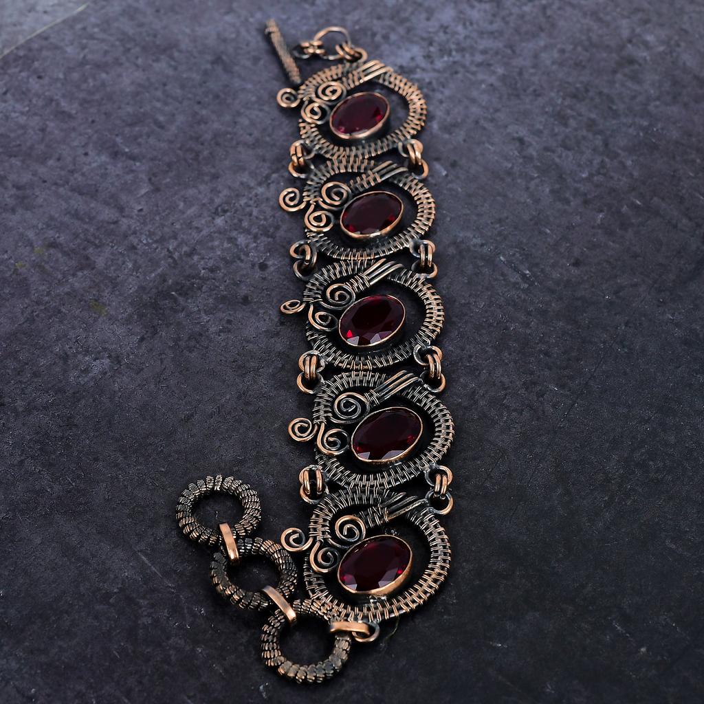 Natural Mozambique Garnet Gemstone Handmade Copper Wire Wrap Bracelet 7-8" C8C44