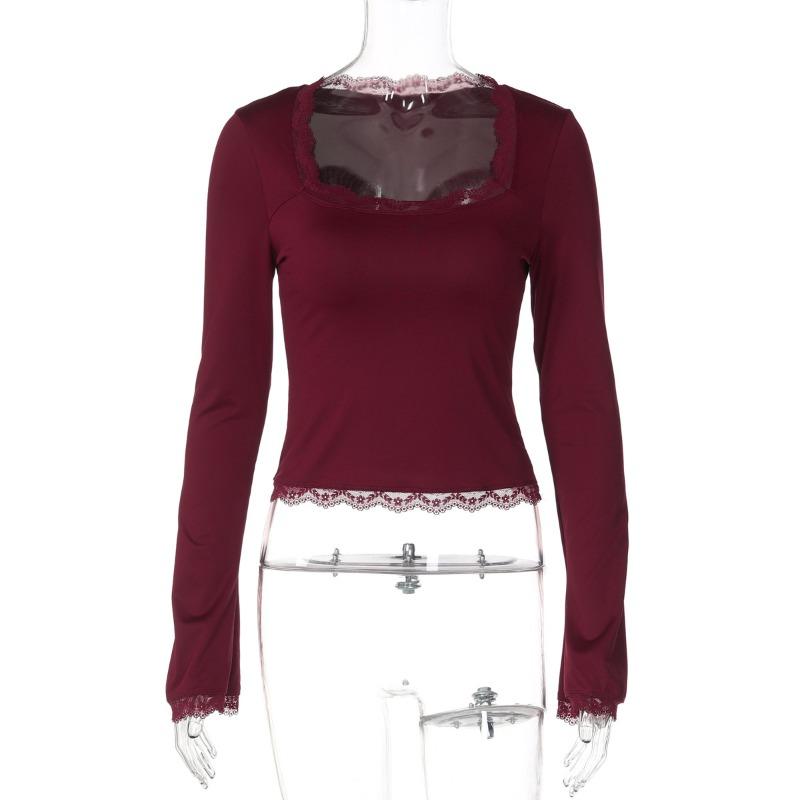 New Fashion Lace Square Neck Long Sleeve Women's T-shirt Spring Elegant Slim Fit Basic Versatile Women's Tee Top Street Solid Color Ladies T Shirts