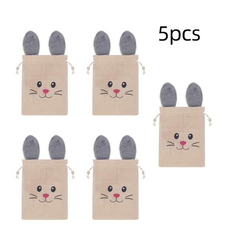 

5PCS Easter Burlap Candy Bags Bunny Pattern Jute Linen Treat Gift Bags for Easter Party Cookies Snack Pack Bags as show