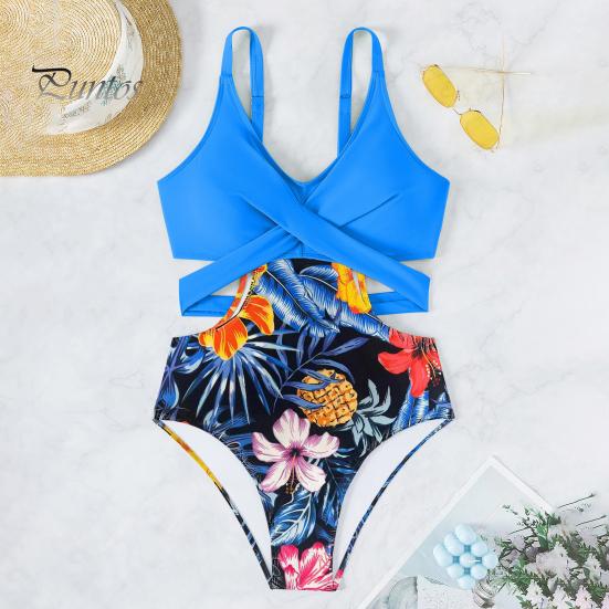 Monokini Estivo da Donna Profondo Scollo a V Senza Maniche Costume da Bagno Intero Colore Patchwork Hollow Out Schiena Scoperta Allacciatura Beachwear