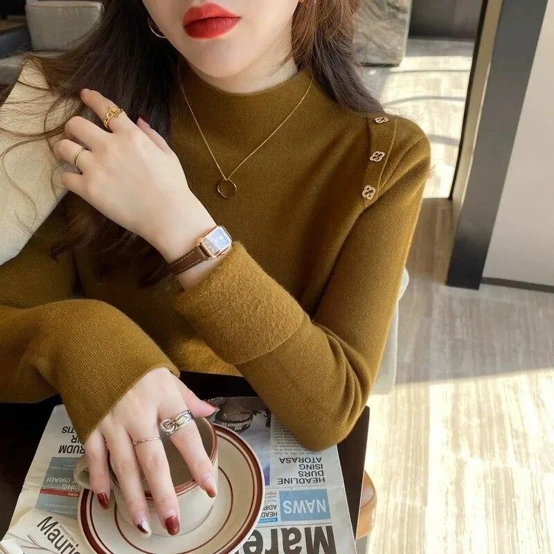 Casual Long Sleeve Soft Warm Sweater Women Fashion Stand Collar Base Pullover Women Autumn And Winter Thickened Knitwears Tops 29602