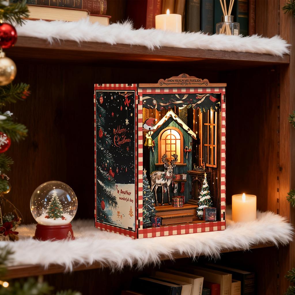 Sada Koutek pro dospělé Vánoční knihu, 3D dřevěná chata puzzle, Vánoční knihy, Vynikající dekorace na knihovnu pro každou příležitost