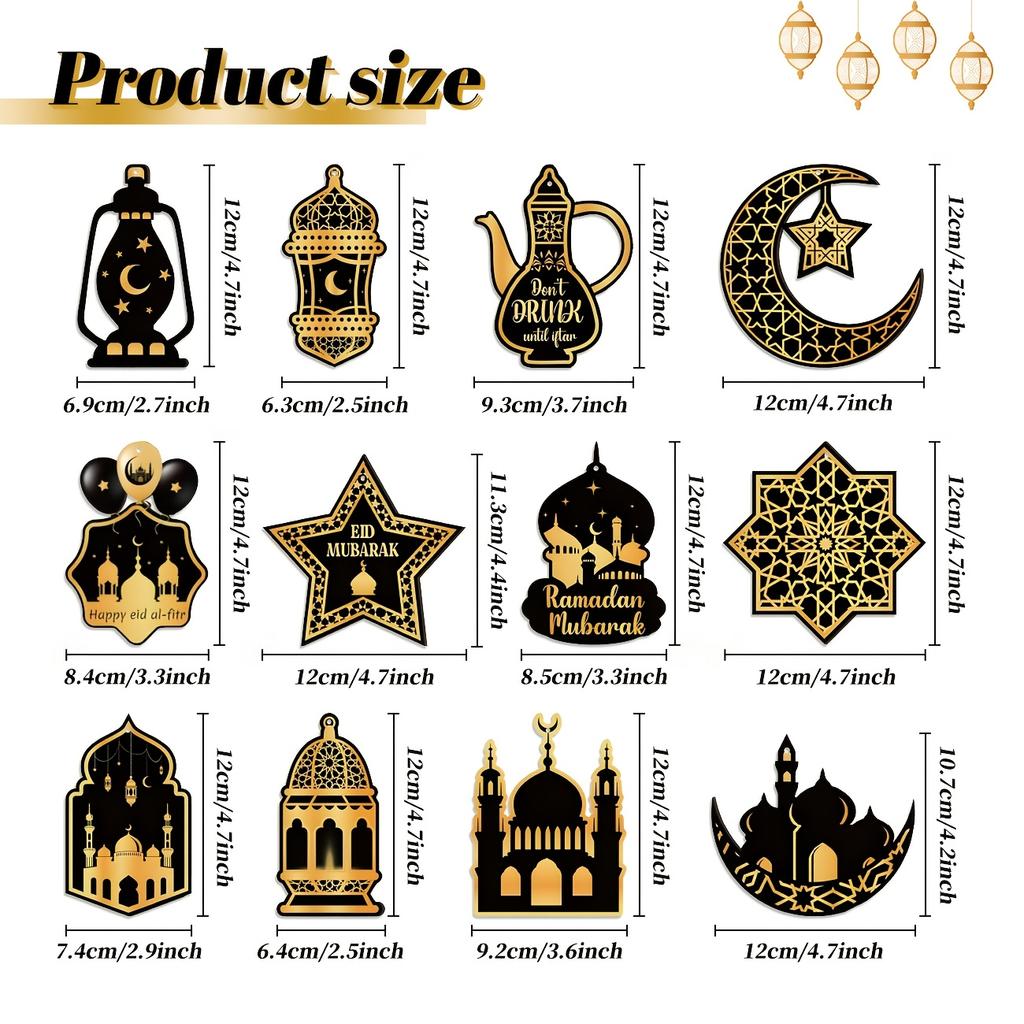 24pcs Ramadan Eid Mubarak Hanging Ornaments, Black Golden Star Moon Lantern, Wooden Islamic Festival Decor, Eid Al-Fitr Home Wall Decorations