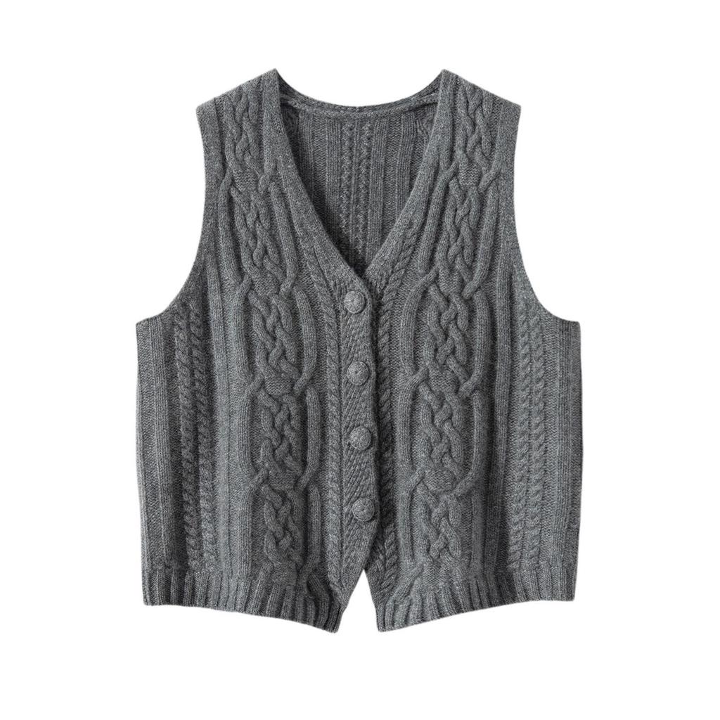 Women's 100% Pure Cashmere Thickened V-neck Cable Knit Cardigan Vest for Autumn/Winter