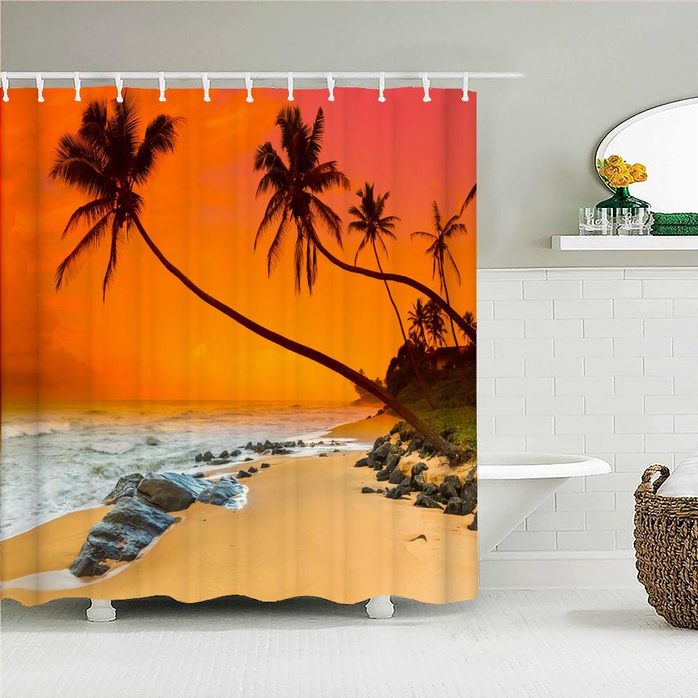 Sunset Dusk Beach Palm Tree Seaside Scenery Fabric Shower Curtain Waterproof Bath Curtains For Bathroom Decorate With 12 Hooks