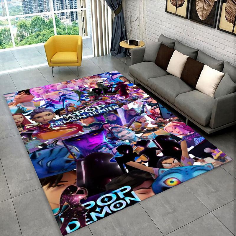 Tappeto Cartoon Gruppo Demon Hunter Rumi Mira Zoey Kpop per Stanza dei Giochi Camera da Letto Soggiorno Divano Arredamento Casa, Tappeto Area Antiscivolo