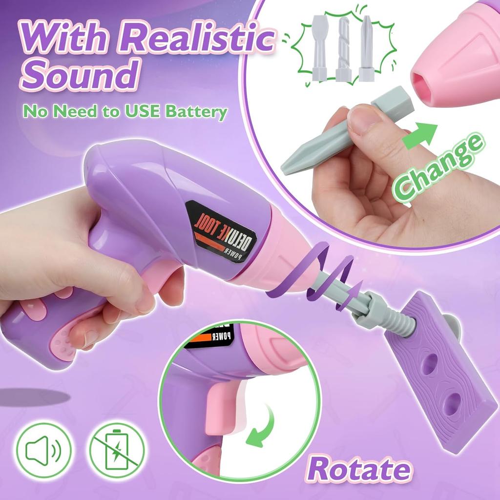 Kids Tool Set with Toy Drill, Toy Tool Box, Construction Tools, Pretend Play Toddler Girl Toys Gifts for Toddlers Kids Aged 3 4 5 6 7