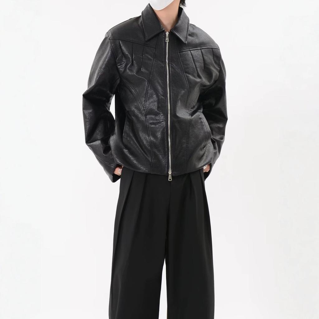Niche design spring and autumn new ruffian handsome locomotive leather jacket cleanfit retro premium pleated jacket jacket