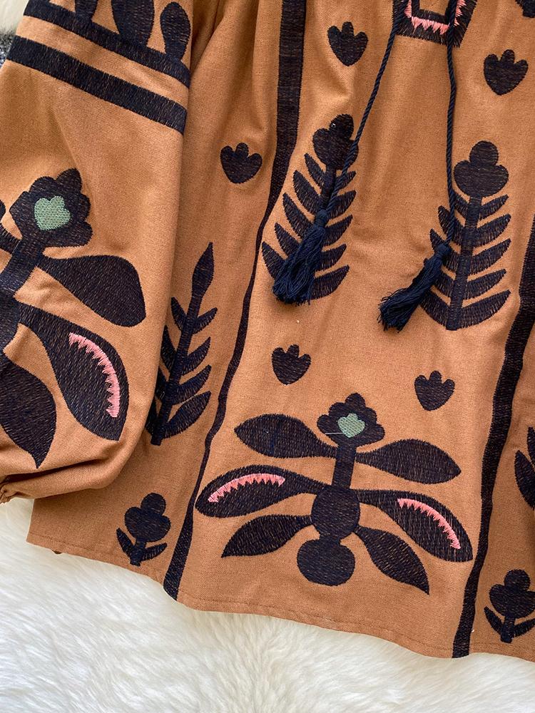 Primavera Otoño Nuevo Vintage Camisa Manga Farol Mujer Bordado Cuello Redondo Tirante Suelto Casual Blusa Top