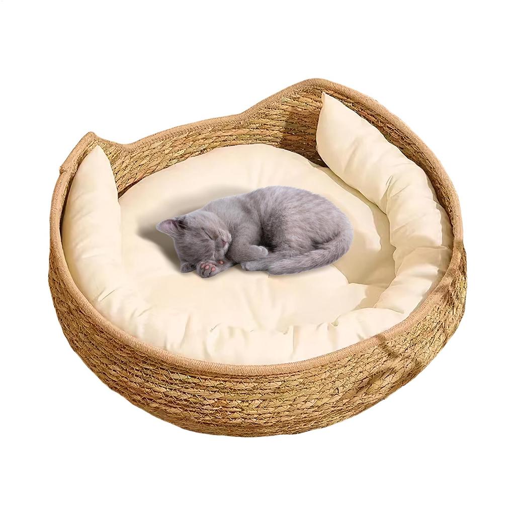 Lit Tressé pour Chat Nid Tressé pour Chat avec Coussin Doux et Oreiller Tissage Toutes Saisons Meuble de Couchage Repos Grattage pour Animal de Compagnie