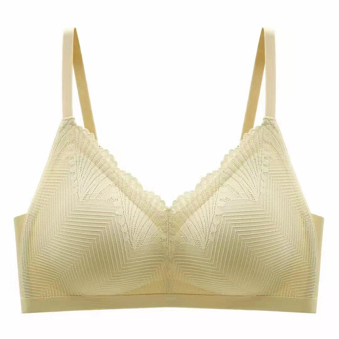 

модна латексна нижня білизна на плечових ремнях Traceless жіноча французька сексуальна мереживо без сталі спортивний збір латексний зручний бюстгальтер 32A жовтий