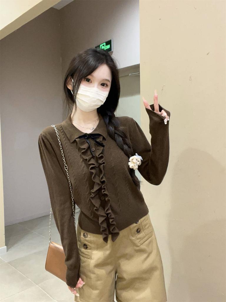 Temperament Versatile Fungus Edge Bow Polo Collar Andy Fleece Knitted Sweater Women's Autumn and Winter Top with Sweater Inside