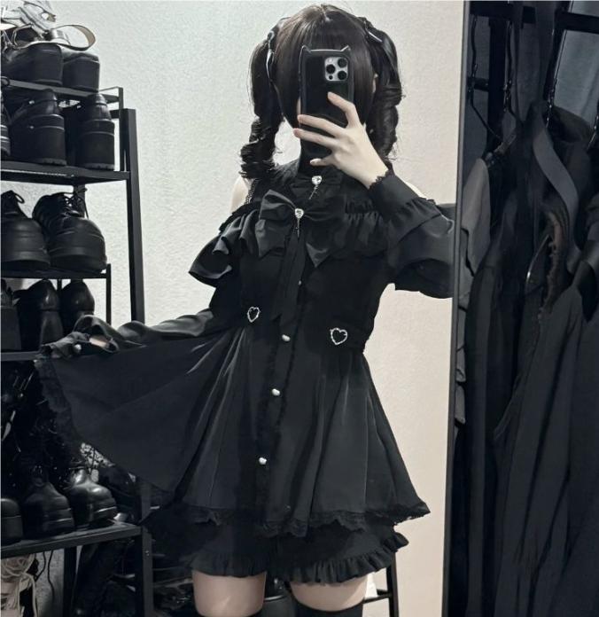 Set Rochie Pantaloni Scurți cu Fundă Stil Gotic Japonez Y2k Lolita Femei Dantelă Volane Decolteu Bardot Butoane Rochie Dulce Subțire Rochie de Petrecere