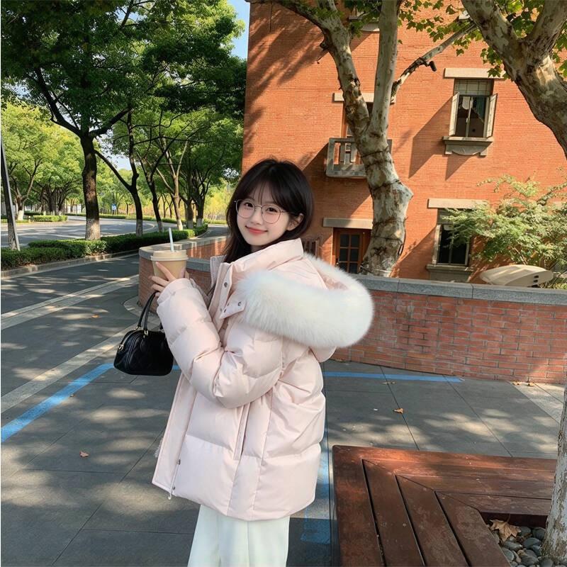 Womens Short Hooded Puffer Jacket With Faux Fur Trim Pink 90 White Duck Down Winter Coat