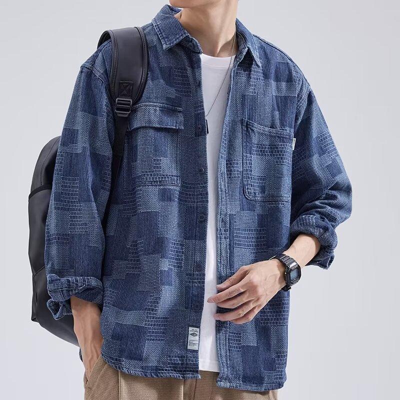 Tooling Shirt Men's Long Sleeves Spring and Autumn New Loose Japanese Trendy Lapel Denim Shirt Japanese Casual Jacket