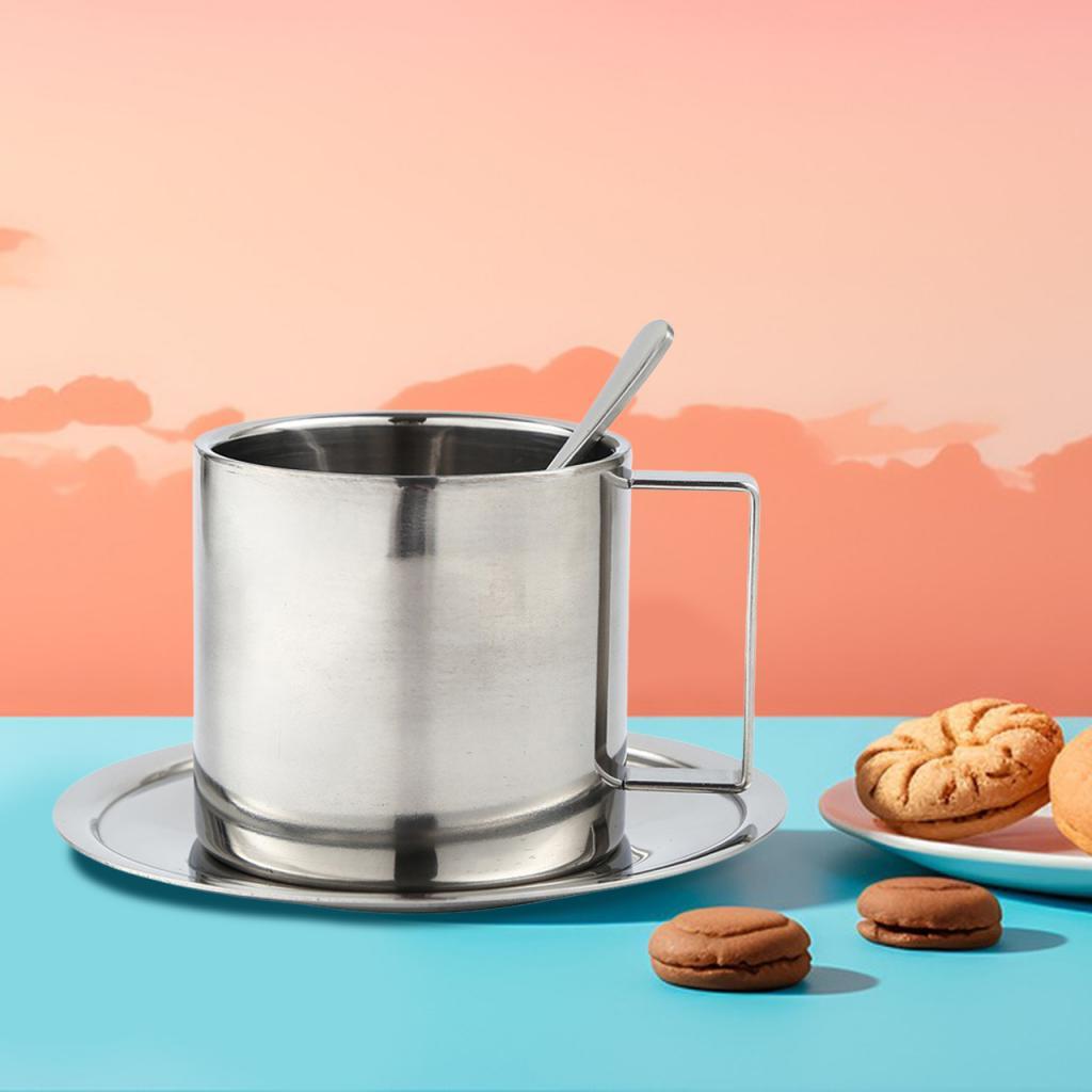 Coffee Mug Set with Plate and Spoon Stainless Steel Coffee Mug Vietnamese Coffee Cup Portable Milk Cup Double Walled for Cafe