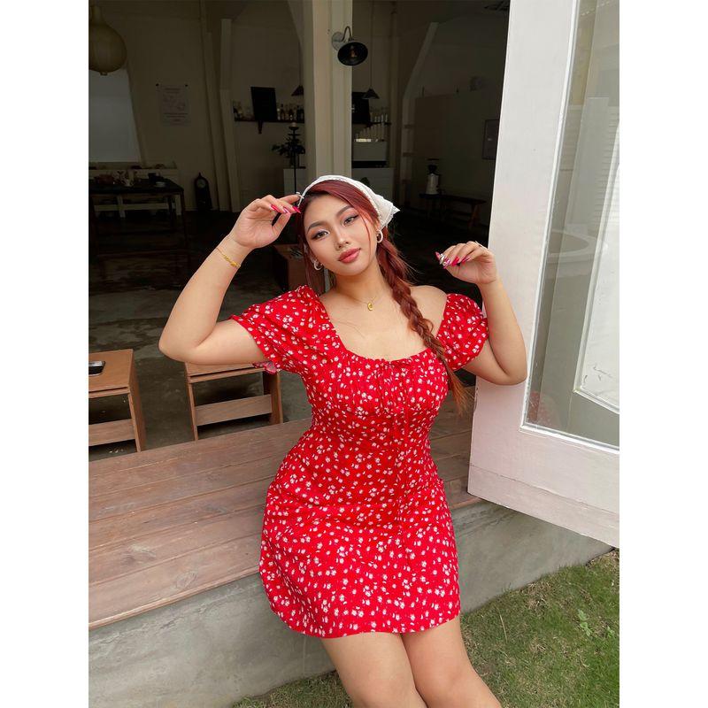 

Brother Nan Loose-Fit Sexy Floral Dress Women s Summer New Arrival Plus Size High Waist Slim Looking Plus Size Ladies French Square Collar Skirt Red 4XL