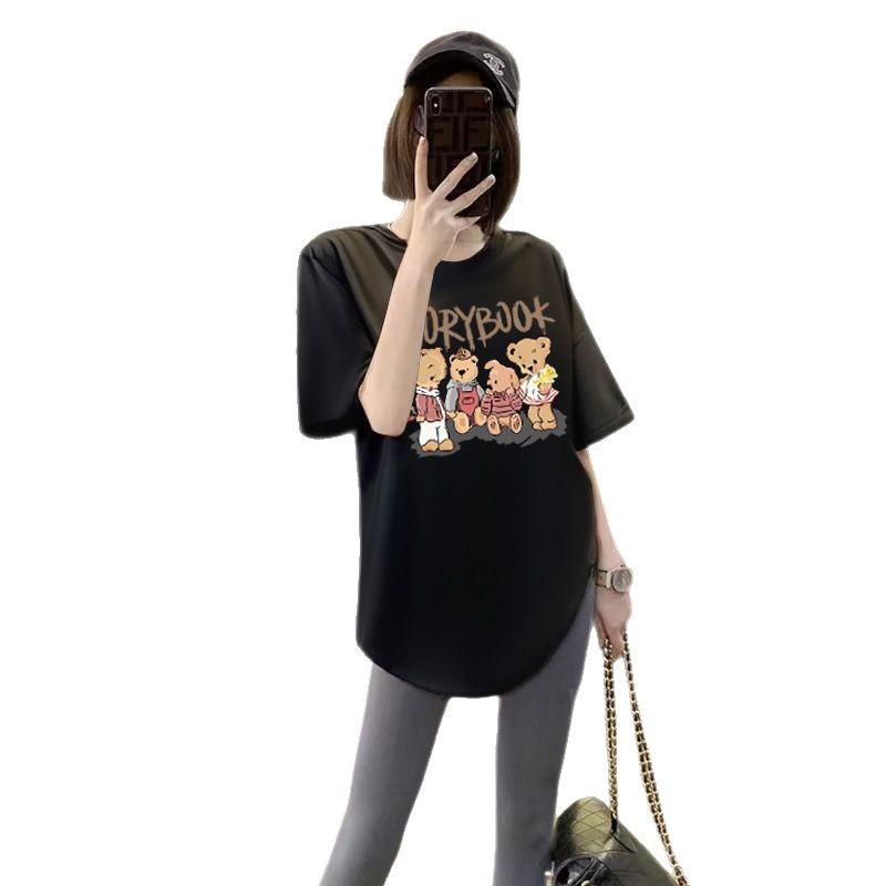 Black Cotton Round Neck Short-sleeved T-shirt Women's Summer Curved Hem Split Fork Medium and Long Butt Cover Top Loose