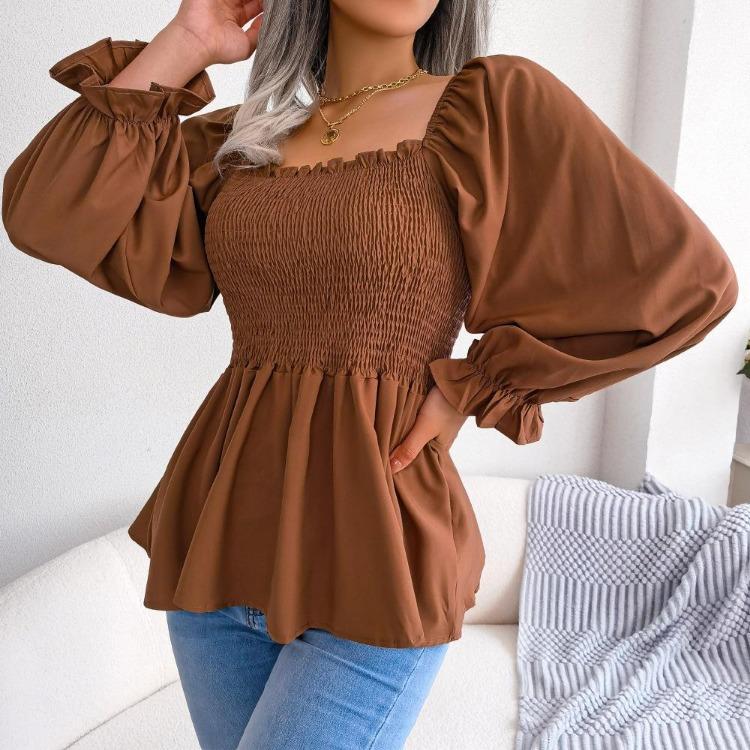 Summer Women Chiffon Shirt Long Sleeve Square Neck Solid Color Tops with Wooden Ears