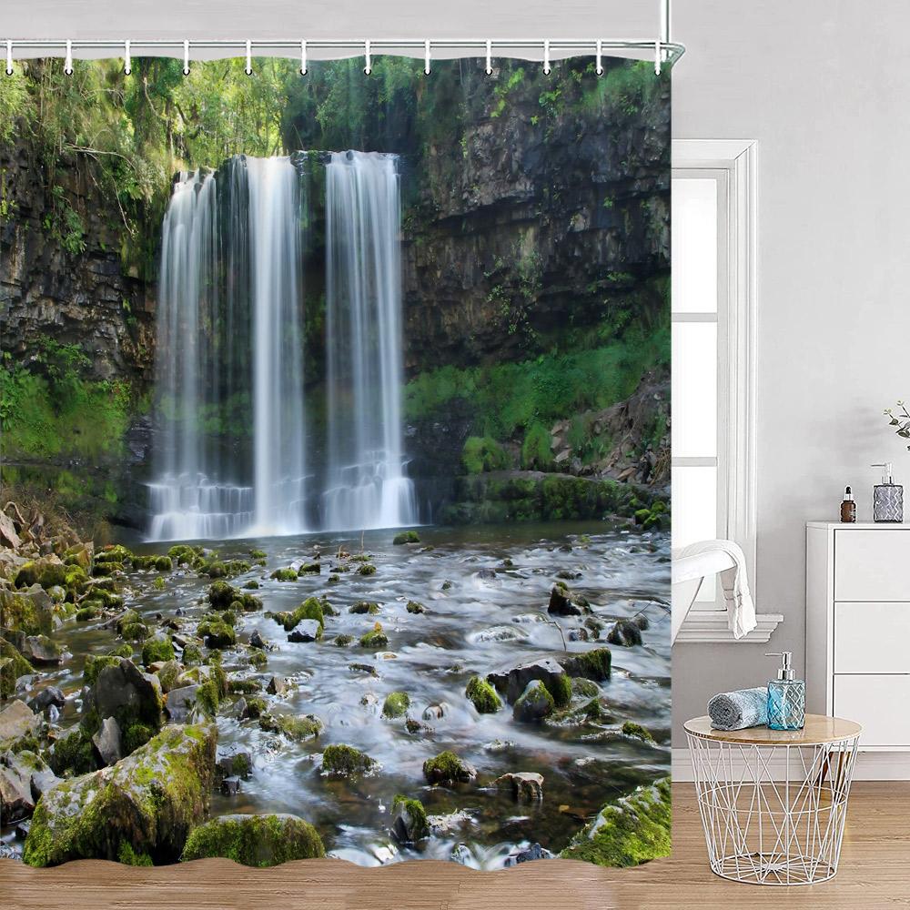 Waterfall Shower Curtains Natural Landscape Green Plants Forest Nature Greenery Home Decor for Bathroom Polyester Bath Curtain