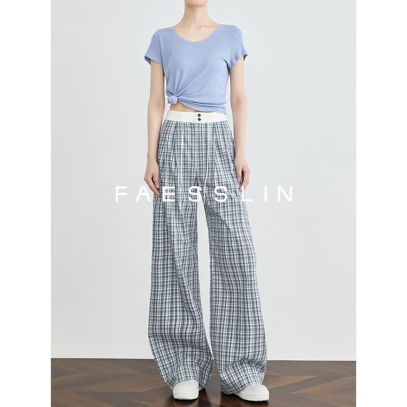 FAESSLIN Women s Cotton Plaid Wide-Leg Pants M