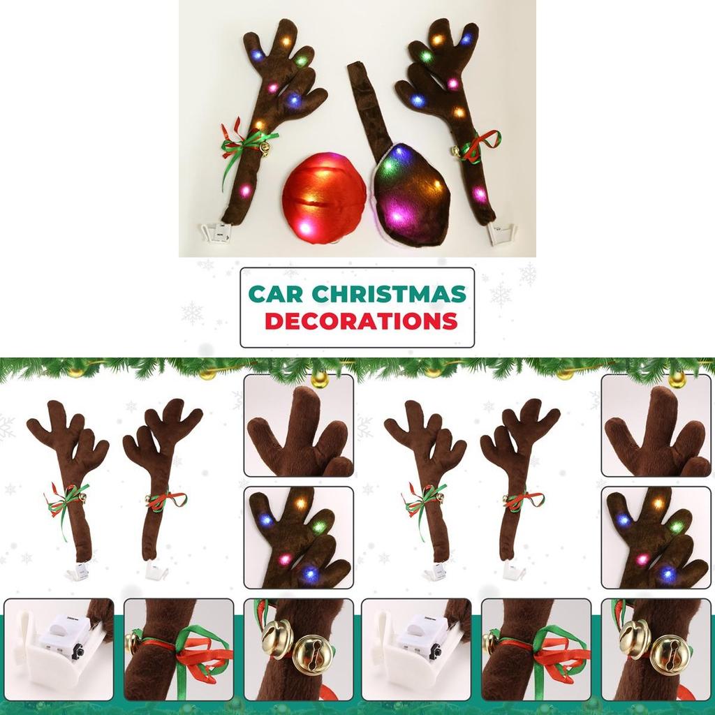 Plush Led Reindeer Antler Car Decor Kit With Lighted Nose And Tail For Festive Vehicle Ornamentation