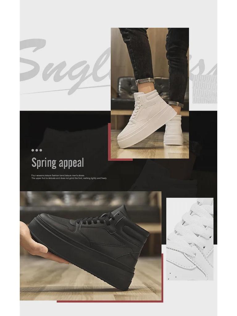 2024 Korean Style Men's White High-Top Sneakers: Autumn/Winter Casual Height-Increasing Sports Shoes