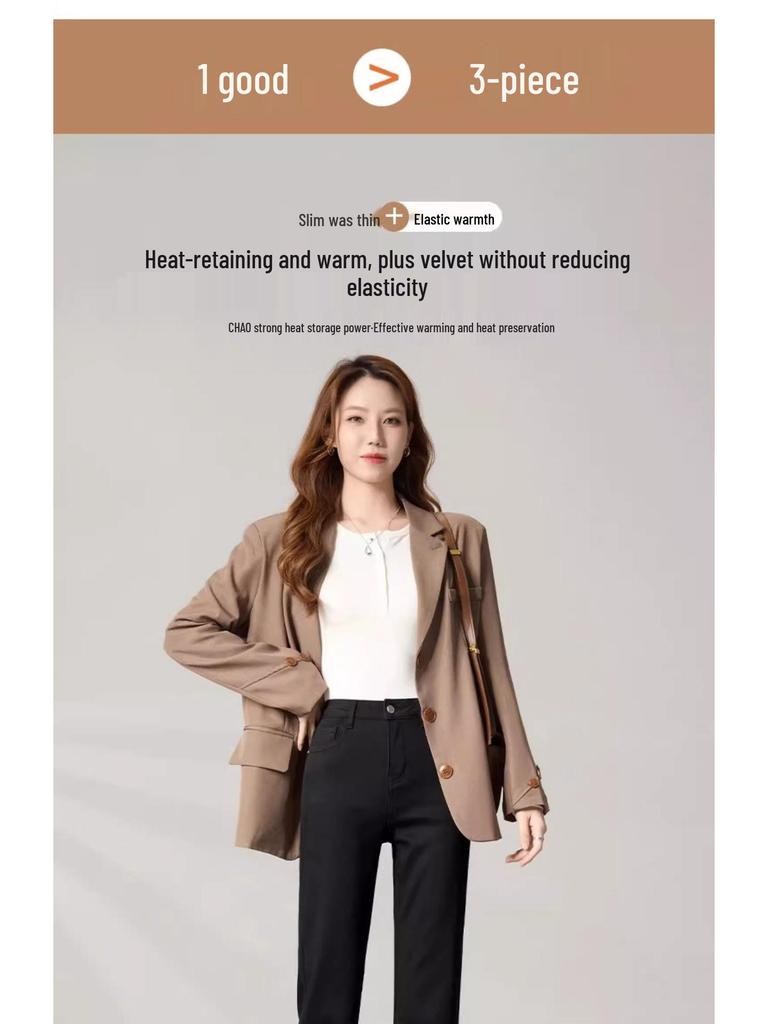 Women's Fleece-Lined High-Waisted Slimming Cigarette Jeans - Petite, Straight-Leg, Thickened for Autumn/Winter 2024.