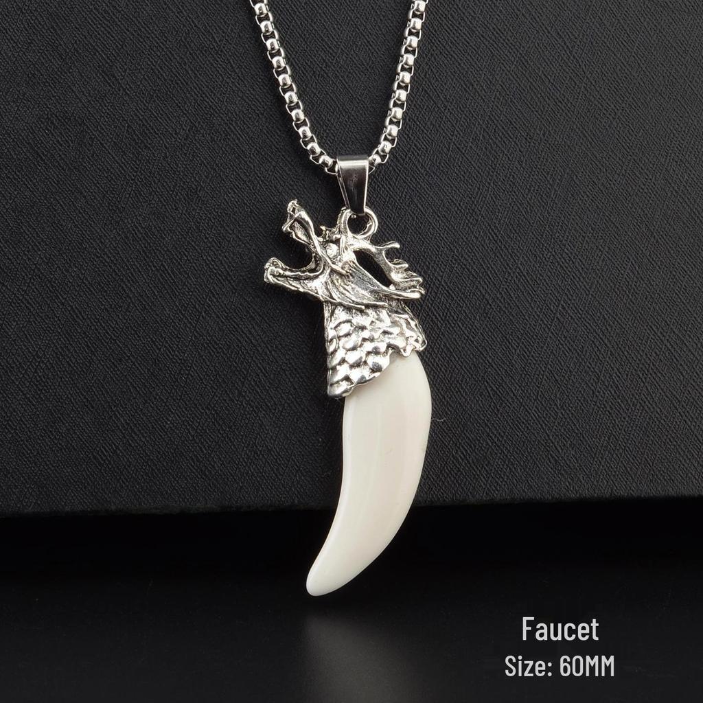Men's Tibetan Faux Wolf Tooth Pendant Necklace, Titanium Steel Chain, Nepalese Style