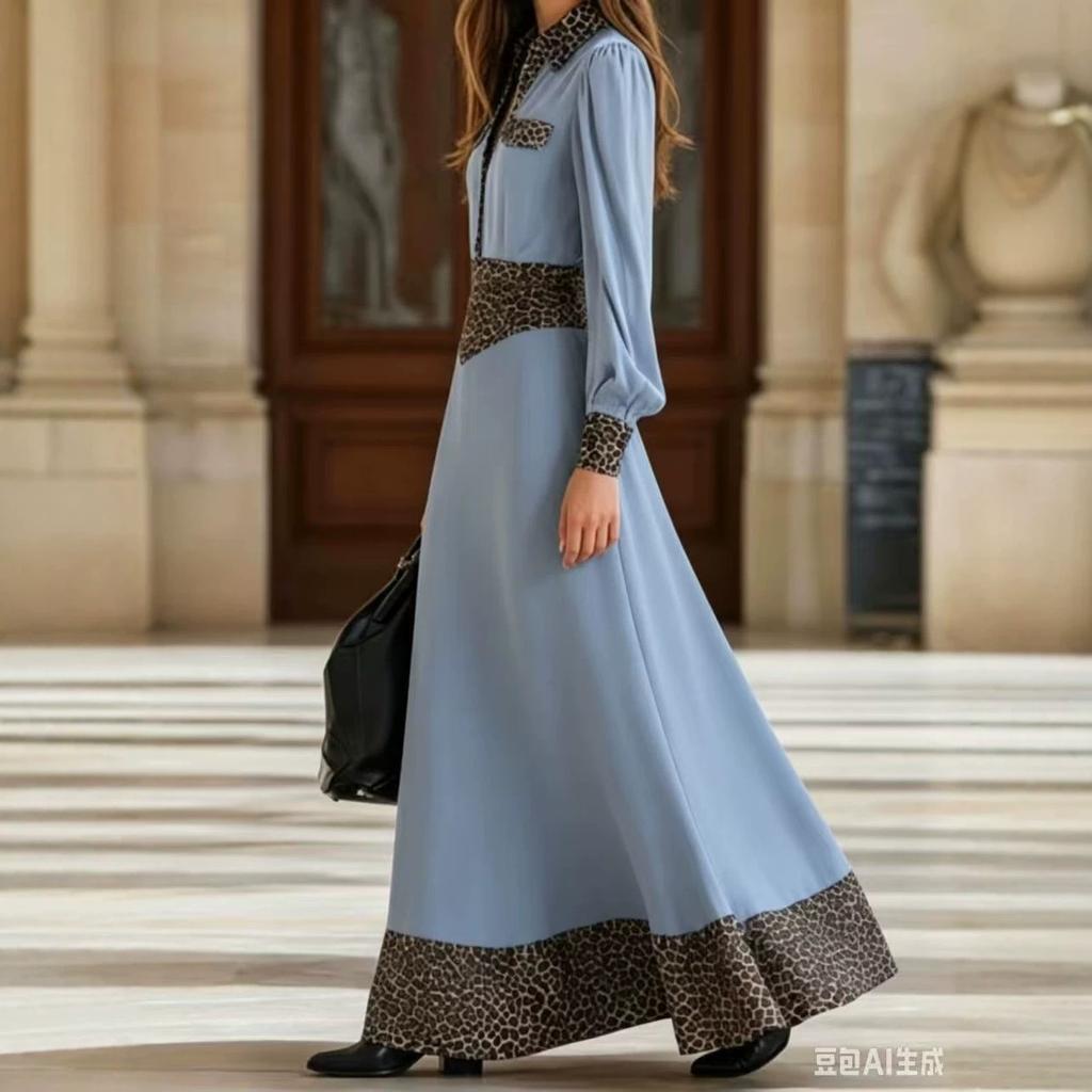 New autumn women's clothing long-sleeved long dress leopard print splicing dress European and American women's clothing
