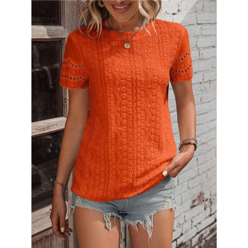 DAFIFY Women's Fashion Casual Summer Spring Solid Color Print Short Sleeve O-Neck Blouses & Shirts