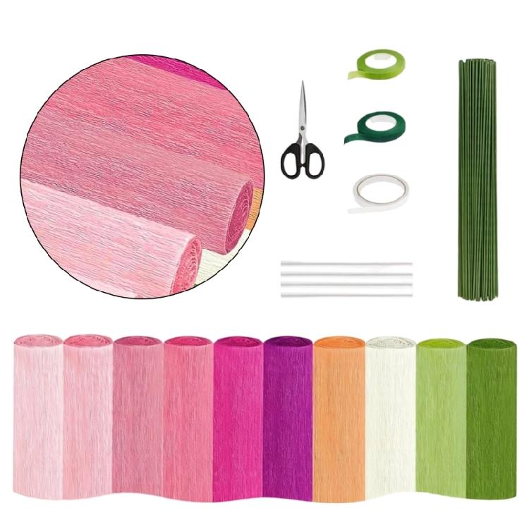 Crepe Paper Flower Supplies Set with 10 Rolls, 100 Green Wire Stems, Tapes, Scissors Adhesive Stick for Home Decorations