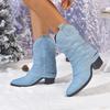 Fashion Thick-heeled Pointed-toe Short-leg Pants Ankle Boots for Women's Shoes 2025 New Style Autumn Winter Retro Western Denim Boots