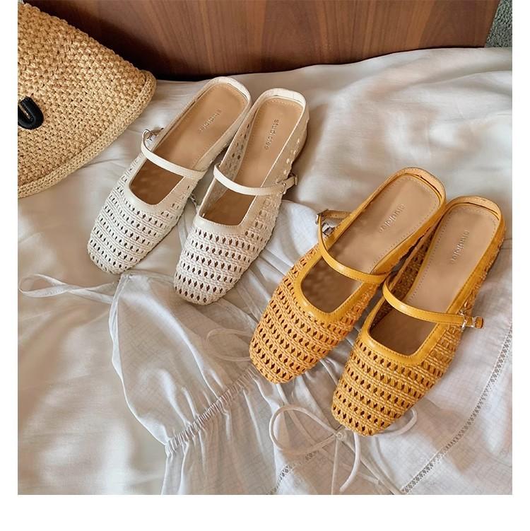 Retro Woven Hollow Square Head with Thick Heel Sandals Muller Half Slippers Women's Summer New